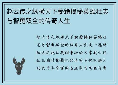 赵云传之纵横天下秘籍揭秘英雄壮志与智勇双全的传奇人生